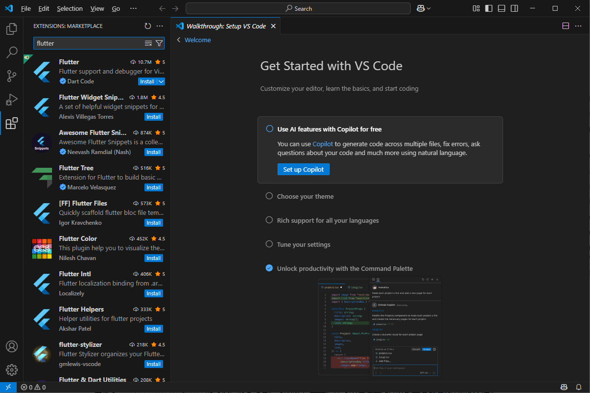 Install Flutter extension from Visual Studio Code